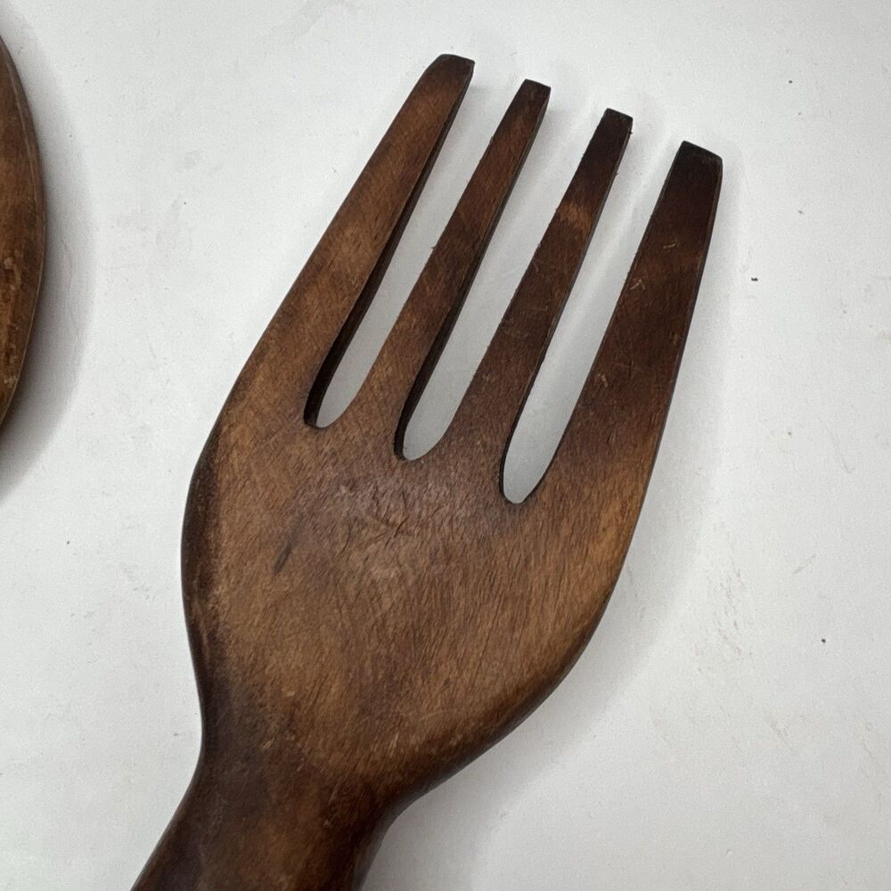 Vintage Made in Philippines 12” Carved Wood Salad Serving Spoon Fork Set MCM - Picture 9 of 16